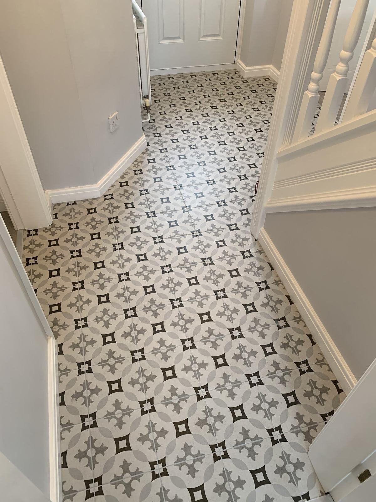 Hallway in grey and white patterned floor tiles, from Tim's review